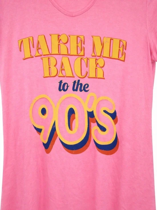 90s Graphic Tee Pink Criss Cross Neck Top Medium Retro Graphic Shirt New - Picture 2 of 3